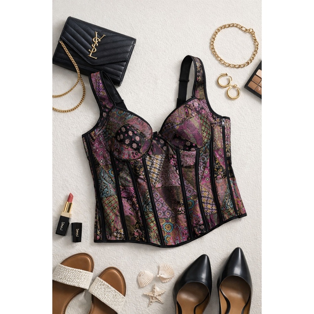 Brocade Patchwork Renaissance Fairy Festival Corset Bustier Top Lace Up Back 4XL